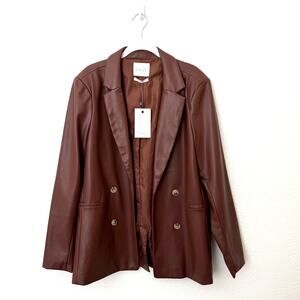 [Cotton Club] Brown Vegan Leather Double Breasted Open Blazer Jacket NWT Size XL
